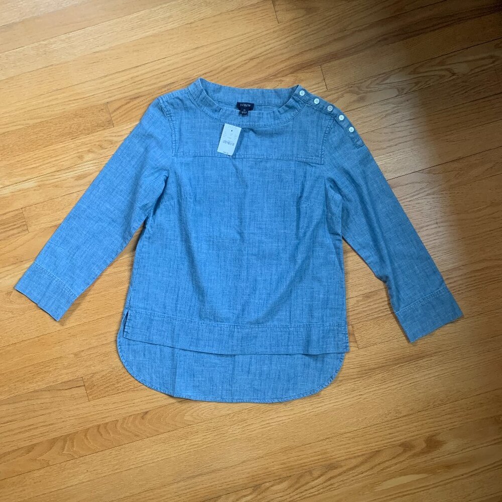J.Crew Factory chambray top with unique button shoulder detail NWT